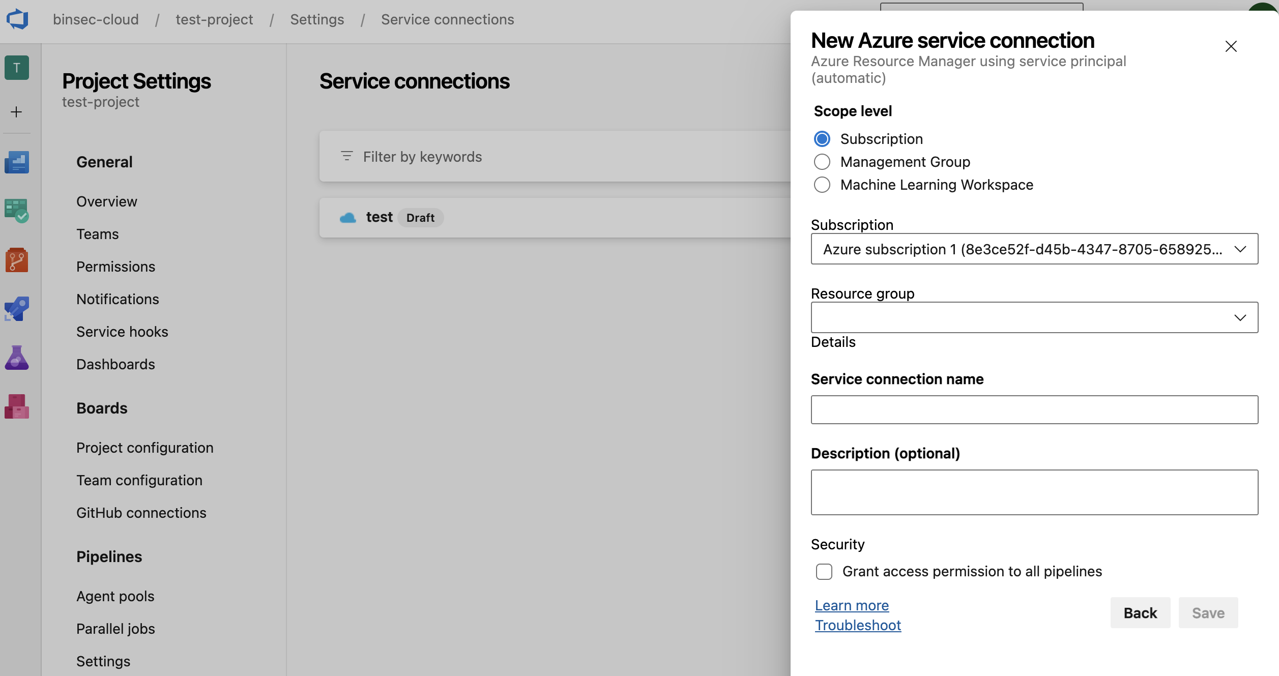 Creating a Service Connection using "Azure Resource Manager using service principal (automatic)"